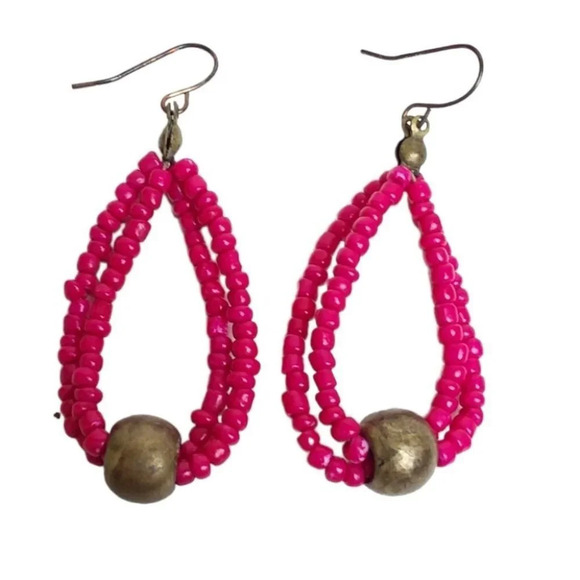 Neon Pink Beaded Bead Earrings - Picture 2 of 2